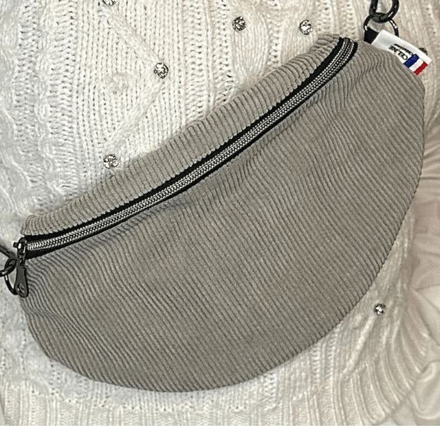Sac banane velours gris doublure noire zip argenté
